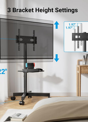 PERLESMITH Rolling TV Stand, Mobile TV Stand for 23-60 Inch LCD LED TVs, Tilt TV Stand Wheels Holds up to 88Lbs, Portable TV Stand for Bedroom with Shelf, Outdoor TV Stand Max VESA 400x400mm PSTVMC06