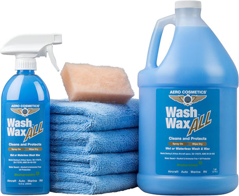 Aero Cosmetics Wash Wax ALL Waterless Car Wash Kit RV Boat Spray Detailer | Rinseless Spray Wax, Quick Detailer. Motorcycles, Aircraft, Campers. Safe on Clearcoat, PPF, Ceramic Coatings, Vinyl Wrap.