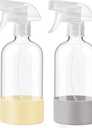 JohnBee Glass Spray Bottles with Silicone Sleeve, 2 Pack16 oz Empty Refillable Containers with Adjustable Spray Nozzles, Spray Bottles for Hair, Cleaning Solutions and Plants Pale Yellow&Grey
