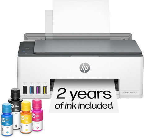 HP Smart Tank 5101 Wireless All-in-One Refillable Printer, Scanner, Copier with 2 Years of Ink Included, Wireless (2.4ghz only) Printer-for-Home use (1F3Y0A)