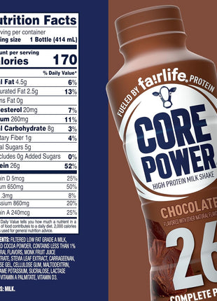 Core Power Protein Shake, Chocolate, 26g Bottle, 14oz, 12 Pack