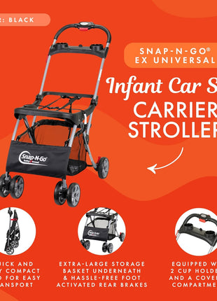 Baby Trend Snap N Go EX Polyester Lightweight Foldable Universal Single Infant Car Seat Carrier with 2 Cup Holder and Covered Compartment, Black