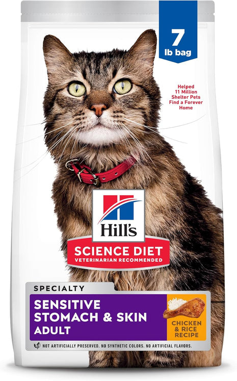 Hill's Science Diet Adult 1-6 Sensitive Stomach & Skin Dry Cat Food, Chicken & Rice, 7 lb. Bag (Updated Formula)
