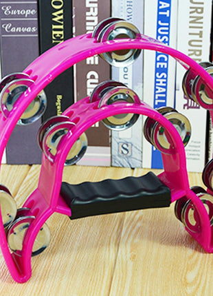 Half Moon Musical Tambourine Double Row Metal Jingles Hand Held Percussion Drum Multicolor (Pink) for KTV Party with Ergonomic Handle Grip