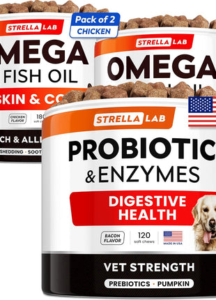 Omega 3 + Vet Strength Dog Probiotics Bundle - Allergy &Itch Relief Skin & Coat Supplement - 1 Billion CFU + Digestive Enzymes - Diarrhea, Gas, Constipation, Upset Stomach Relief - 480ct - Made in USA