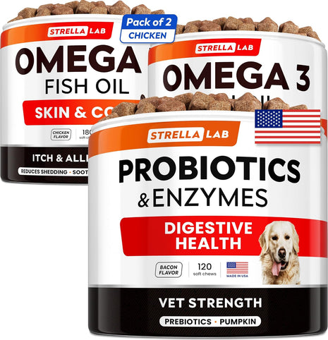 Omega 3 + Vet Strength Dog Probiotics Bundle - Allergy &Itch Relief Skin & Coat Supplement - 1 Billion CFU + Digestive Enzymes - Diarrhea, Gas, Constipation, Upset Stomach Relief - 480ct - Made in USA