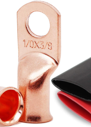 TKDMR 10 PCS 1/0 AWG - 3/8" Battery Cable Lugs Copper Wire Ring Terminals | UL,4:1 Heat Shrink Cable Ends,Wiring Connector Terminal End,Electrical Crimp Connectors