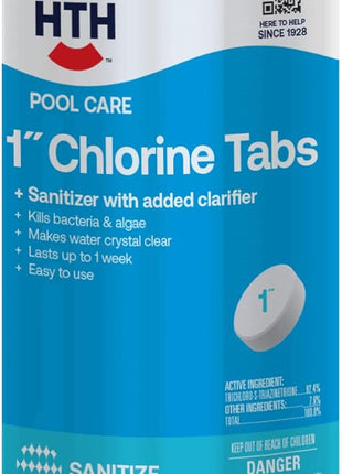 HTH 42049 Pool Care 1 inch Chlorine Tabs, Swimming Pool Sanitizer with Added Clarifier - Eliminates Bacteria & Algae, Makes Water Clean & Crystal Clear, Sanitizes & Protects - Slow Dissolving, 1.5 lbs