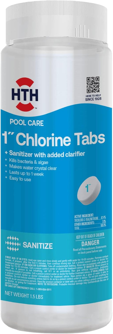 HTH 42049 Pool Care 1 inch Chlorine Tabs, Swimming Pool Sanitizer with Added Clarifier - Eliminates Bacteria & Algae, Makes Water Clean & Crystal Clear, Sanitizes & Protects - Slow Dissolving, 1.5 lbs
