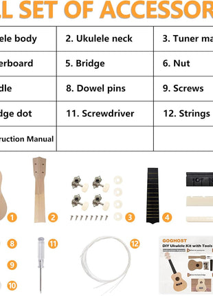 DIY Ukulele Kit with Tools(21 inch) - Build Your Own Ukulele Look, Wooden Small Hawaiian Guitar Gift for Adults