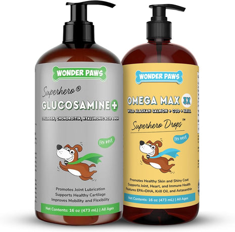 Liquid Glucosamine Superhero Drops Plus Omega Max Fish Oil - for Dog's Mobility, Skin and Joint Care & Immune Support – Liquid Glucosamine 16 Ounces - Omega Max 16 Ounces