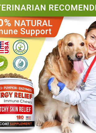 Allergy Relief + Advanced Allergy Bundle - Itchy Skin + Allergy & Itch Relief - Omega 3&Pumpkin + Probiotics - Dogs Itching & Licking Treats + Hot Spots - 300 Ct - Chicken + Bacon Flavor - Made in USA