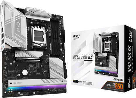 ASRock AMD AM5 B850 Pro RS Motherboard, AMD Ryzen 9000/8000/7000 Series, 4X DDR5 Slots up to 8000MHz, 24-Pin Power Connection, ATX, 21x USB Ports, PCIe 5.0