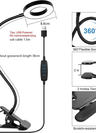 Woputne Desk Lamp Clip Light, 10 Dimmable Brightness 3 Light Modes Reading Light, Clamp Bedside Lamp for Painting, Craft, Study (Black)