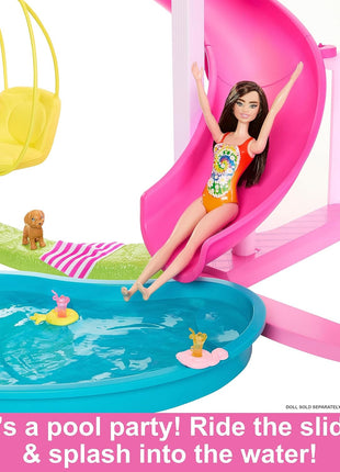 Barbie DreamHouse, Pool Party Doll House | 75+ Pieces and 3-Story Slide, Barbie House Playset, Pet Elevator and Puppy Play Areas
