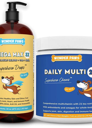 Omega Max Fish Oil Plus Daily Multivitamin Chews - for Dog Joint Health, Skin Moisture, Immune System Support & Daily Wellness - Omega Max 16 Ounces - Multivitamin 60 Chews