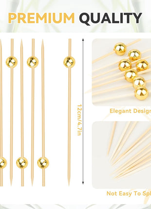 200PCS Cocktail Picks, Fancy Toothpicks for Appetizers, Decorative Skewers for Appetizers Drinks Party Fruit, 4.7 Inch Long Wooden Bamboo Gold Ball Food Sticks Charcuterie Boards Accessories