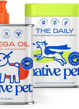 Native Pet Pack Leaders Bundle - Daily Dog Multivitamin (7 oz.) & Omega Oil for Dogs (8 oz.) - Omega 3 Fish Oil for Healthy Skin, Shiny Coat, & Strong Joints & Daily Multivitamin for Pups