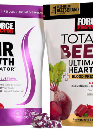 Force Factor Hair Growth Accelerator, Mixed Berry, 60 Soft Chews + Total Beets Ultimate Heart Health Blood Pressure Support Chews with CoQ10, Pomegranate Berry, 60 Soft Chews