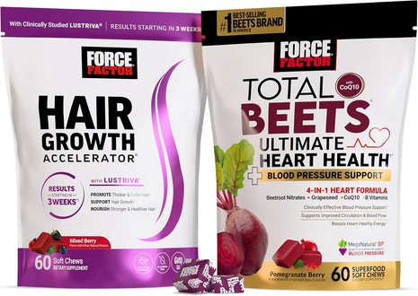 Force Factor Hair Growth Accelerator, Mixed Berry, 60 Soft Chews + Total Beets Ultimate Heart Health Blood Pressure Support Chews with CoQ10, Pomegranate Berry, 60 Soft Chews