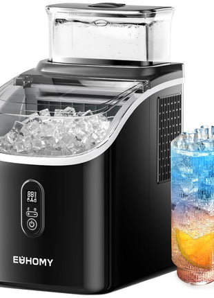 EUHOMY Ice Cube Maker Machine Countertop with External Water Tank, 2 Ways to Add Water, 34Lbs/Day, 16Pcs Ready in 7 Mins, Auto-Cleaning, with Ice Scoop & Basket, for Home/Kitchen/Office/Bar (Black)