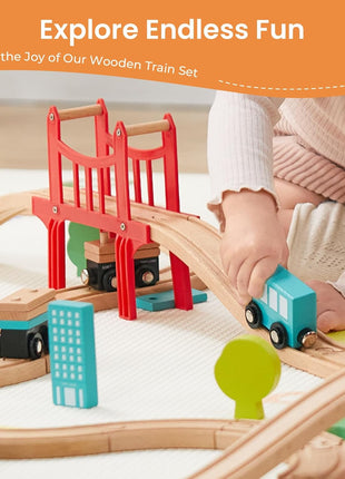 Tiny Land 39 Pcs Wooden Train Set for Toddler with Wooden Tracks | Compatible with Major Brands, Expandable, Changeable Train Toy for 3 4 5 Years Old Girls & Boys, Great Birthday Gift