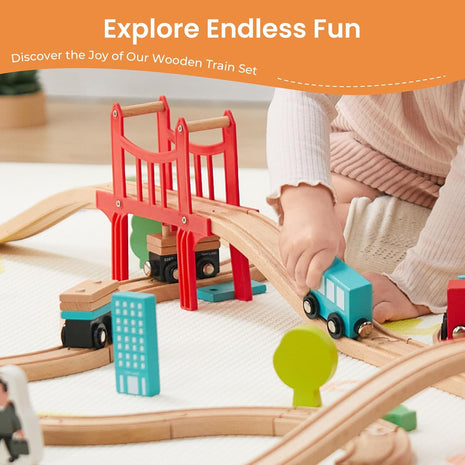 Tiny Land 39 Pcs Wooden Train Set for Toddler with Wooden Tracks | Compatible with Major Brands, Expandable, Changeable Train Toy for 3 4 5 Years Old Girls & Boys, Great Birthday Gift
