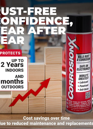 CorrosionX Rust Inhibitor, Industrial-Strength Dielectric Corrosion Prevention, Lubricant & Penetrant for Marine, Automotive, Electronics & RV Use, Protects Bolts, Cables, Engines, Parts, 16oz Aerosol