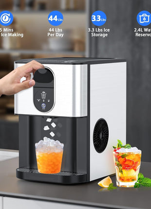Nugget Ice Makers Countertop, Self-Dispensing Pellet Ice Maker, 44Lbs/24H, Portable Pebble Ice Maker Machine with Self-Cleaning, Soft Chewable Ice Makers for Home Kitchen Office, Silver