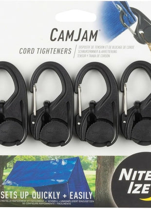 Nite Ize CamJam Cord Tightener - Tie Down Rope Tightener with Carabiner Clip - Lightweight Utility Cord Tightener for Camping Accessories & Hiking Gear - 4 Pack