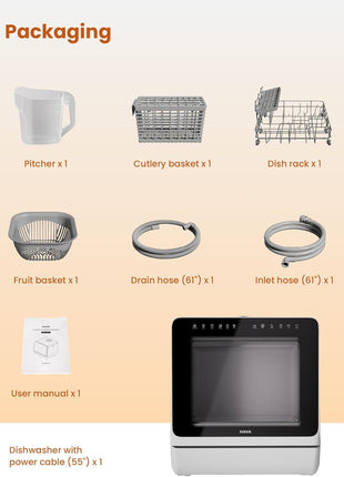 Countertop Dishwasher with Water Softener & Enhanced Energy Efficiency | Portable Dishwasher with 8 Wash Programs, Child Lock & Delayed Start Function, 5L Built-In Water Tank, No Installation Needed