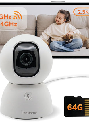 SensForge 2.5K Indoor Pan-Tilt Security Camera, 360° Dual-Band 2.4/5GB Wi-Fi Camera for Home, Free AI Human & Pet Detection, 64GB SD Card Included, Two-Way Talk, No Subscription Required(1, White)