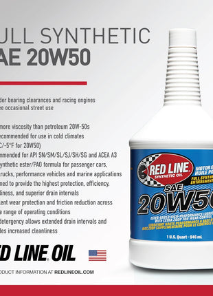 Red Line 12504 SAE 20W50 Fully Synthetic Motor Oil - 1 Quart