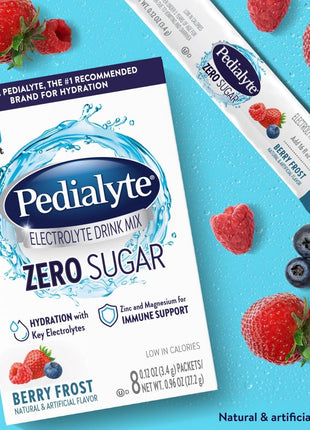 Pedialyte Electrolyte Drink Mix With Zero Sugar | Hydration With Key Electrolytes | Great Hydration Low in Calories | Berry Frost, 8 Powder Packets
