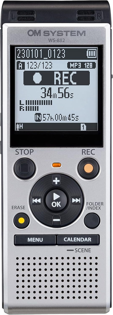 OM System WS-882 Digital Voice Recorder with Stereo Microphones, 6 Recording Scenes, Direct USB, Voice Filter, Low-Cut Filter, 4 GB Memory, Voice Balancer, Intelligent Auto Mode, VCVA