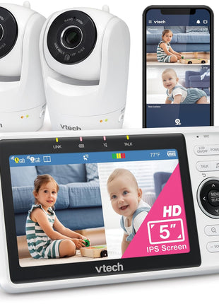 VTech Smart WiFi Baby Monitor, 2 Cameras – See Both Rooms at Home or from Anywhere, Free App, 1080p Split Screen, 5inch HD Screen, Pan-Tilt-Zoom, Night Vision | VM901-2
