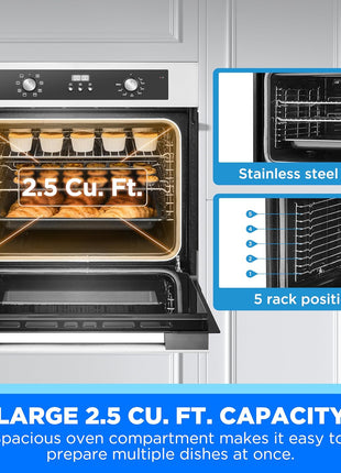 Midea 24" Single Electronic Wall Oven, 2.5 Cu. Ft.-Capacity, Built-in Oven with 8-in-1 Cooking Modes, Stainless Steel