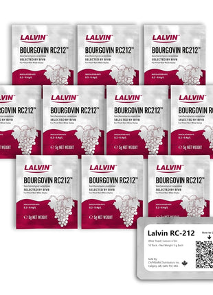 Lalvin RC-212 Wine Yeast (10 Pack) - Make Wine Cider Mead Kombucha At Home - 5 g Sachets - Saccharomyces cerevisiae - Sold by CAPYBARA Distributors Inc.