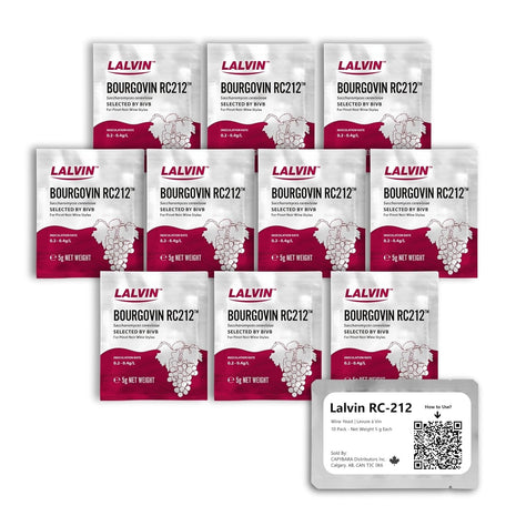 Lalvin RC-212 Wine Yeast (10 Pack) - Make Wine Cider Mead Kombucha At Home - 5 g Sachets - Saccharomyces cerevisiae - Sold by CAPYBARA Distributors Inc.