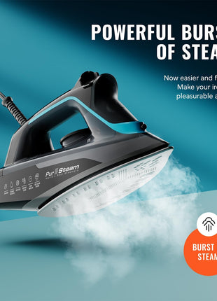 PurSteam SteamBurst+ with Ceramic Soleplate, Powerful Steam, Self-Clean | 1750W | Ceramic Soleplate | Adjustable Steam | Self-Clean | Anti-Calc | Anti-Drip | Powerful Steam for All Fabrics