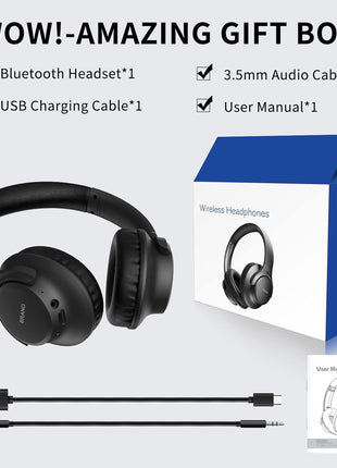 KVIDIO Bluetooth Headphones Over Ear, 65 Hours Playtime Wireless Headphones with Microphone, Foldable Lightweight Headset with Deep Bass, HiFi Stereo Sound Low Latency for Travel Work Cellphone