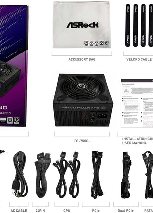 ASRock Phantom Gaming PG-750G ATX 3.1 750W Power Supply Fully Modular Individual Braided Pattern PCle 5.1 10 Years Warranty Enthusiast Gamers 80 Plus Gold Cybenetics Platinum 12V-2x6 Cable