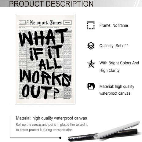 Drimiler Retro Black And White Newspaper Poster What If It All Works Out Canvas Wall Art Positive Affirming Quote Minimalist Prints Painting For Home Bedroom Dorm Wall Decor 8x12in Unframed