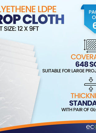 6 Pack 12 x 9 ft Extra Large Plastic Drop Cloth for Painting | Light & Durable Tarp Cover for Furniture Plastic Clear Tarp Waterproof - Paint Floor Covering - Painters Drop Cloth Sheeting