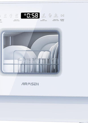 AIRMSEN Large Slim Countertop Dishwasher with Complete 2-Level Rack, Portable Dishwashers with 5L Built-in Water Tank, 3-Spray Arms & 12H Delay Start, No Hookup Needed, A01
