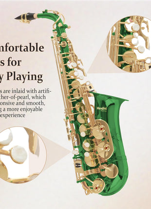 Mendini By Cecilio Alto Saxophone for Beginners, E Flat Tenor Saxophone for Students Musicians with Tuner, Mouthpiece, Case, 10 Reeds, Grease, Cleaning Cloth & Rod, Gloves, Strap, Lesson Book (Green)