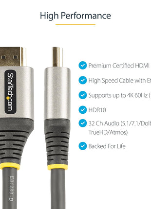 StarTech.com 6ft (2m) Premium Certified HDMI 2.0 Cable - High Speed Ultra HD 4K 60Hz HDMI Cable with Ethernet - HDR10, ARC - UHD HDMI Video Cord - for UHD Monitors, TVs, Displays - M/M (HDMMV2M)