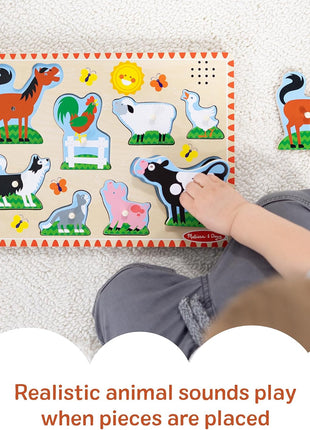 Melissa & Doug Farm Animals Sound Puzzle – 8-Piece Wooden Peg Puzzle with Light-Activated Sounds, Music Learning Toy for Toddlers and Preschoolers Ages 2+