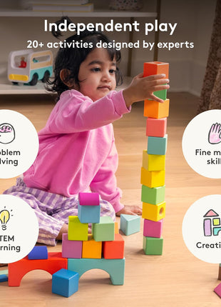 LOVEVERY | The Block Set | Solid Wood Building Blocks and Shapes + Wooden Storage Box, 70 Pieces, 18 Colors, 20+ Activities, Toddler Block Set and Converts into a Pull Car, Ages 12 to 48+ months