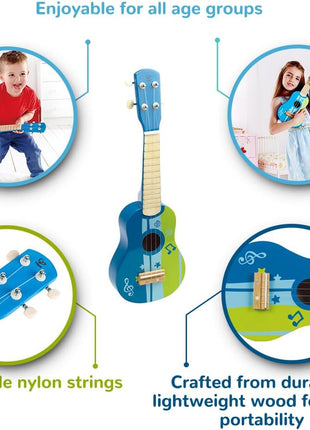 Hape Kid's Wooden Toy Ukulele | 21 Inch Wooden Ukulele Musical Instrument with Vibrant Sound and Tunable Nylon Strings for Children, Blue
